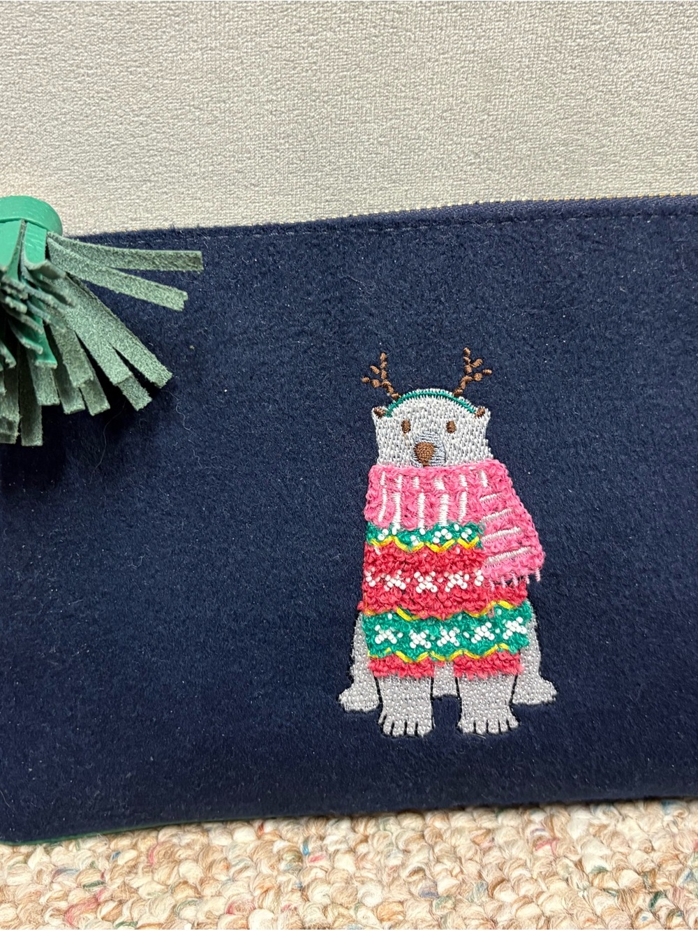 Talbots Navy Wool Clutch with Festive Embroidered Bear and Green Tassel